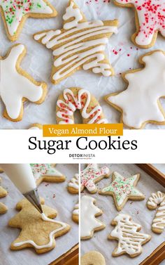 vegan almond flour sugar cookies with white icing and sprinkles