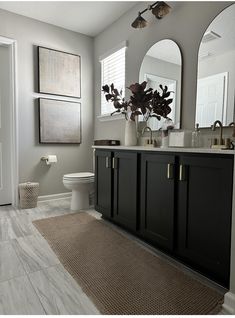 a bathroom with black cabinets and white toilet in the center, along with a beige rug on the floor