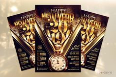 three new year's eve party flyer templates with gold clock and fireworks in the background