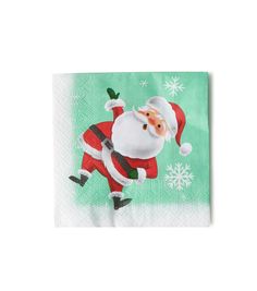 a napkin with a santa clause on it and snowflakes in the back ground