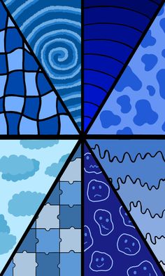 four different pictures with blue and white designs on them, one is an abstract background