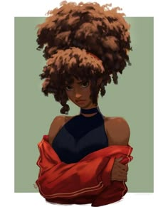 a drawing of a woman with an afro and red scarf around her neck, looking at the camera