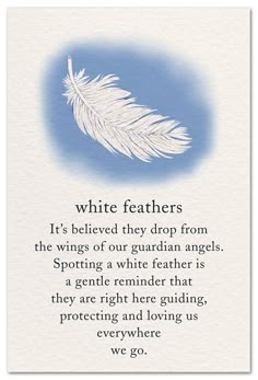 a white feather on a blue background with the words, white feathers it's beloved they drop from the wings of our guardian angels