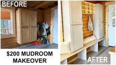 before and after photos of a mudroom makeover with wood paneling on the walls