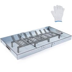 a glass table with white gloves on top