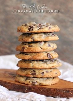 chocolate chip cookies stacked on top of each other