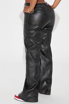 Available In Black. Washed Faux Leather Pant Mid Rise Button & Zip Closure Moto Seaming Detail Wide Leg Non Stretch 32" Inseam Main Fabric: 50% Polyurethane 50% Polyester Contrast: 95% Polyester 5% Spandex Lining: 100% Polyester Imported | Take It In Moto Faux Leather Pant in Black size Large by Fashion Nova Leather Pant, Faux Leather Pants, Black Pants, Black Fashion, Fashion Nova, Mid Rise, Wide Leg, Pants For Women, Faux Leather