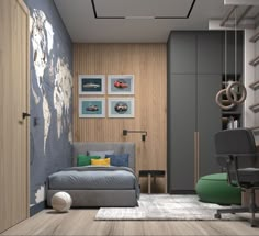 a bedroom with a bed, desk and chair next to a map on the wall