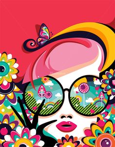 a woman with sunglasses and flowers on her head is featured in this colorful illustration by person