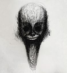 a drawing of an alien head with hair on it's face and eyes, in black and white