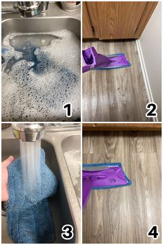 four pictures showing how to clean a kitchen sink with sponges and detergent on the floor