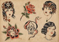 an old - fashioned drawing of women's tattoos and headdress with roses on them