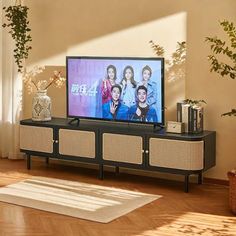 a flat screen tv sitting on top of a wooden entertainment center next to a potted plant