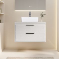 a bathroom with a sink, mirror and shelving unit