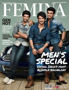 two men sitting on top of a car in front of the cover of femina magazine