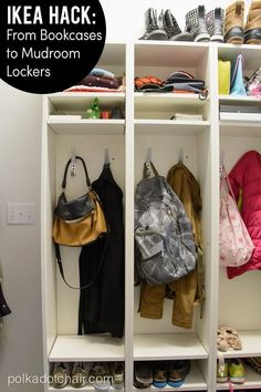 an organized closet with shoes, bags and handbags on shelves that are labeled ikea hack from bookcases to mudroom lockers