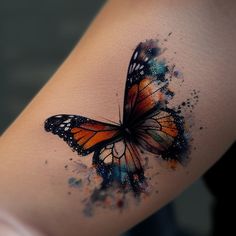 an orange butterfly with black spots on it's wings is painted in watercolor