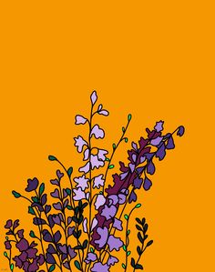 a vase filled with lots of purple flowers on top of a yellow table next to an orange wall