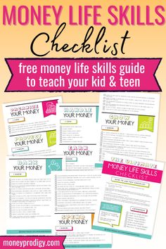 the money life skills checklist with text overlay that reads, free money life skills checklist to teach your kid & teen