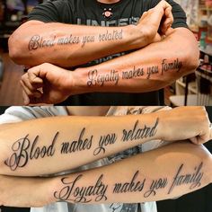 two men with tattoos on their arms and the words blood makes your family written on them