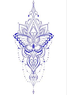 a blue and white drawing of a flower on a white background with an intricate design