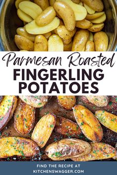 panned roasted fingerling potatoes with text overlay