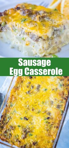 sausage egg casserole in a glass baking dish