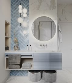 a bathroom with marble counter tops and blue tiles on the wall, along with two round mirrors