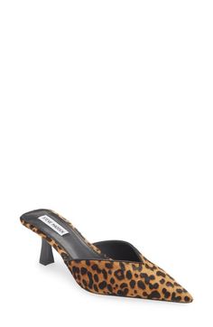 "Find STEVE MADDEN Mod-a Leopard Print Genuine Calf Hair Mule on Editorialist. A notched topline mirrors a pointy toe to sharpen a mule that wildly elevates workwear looks with genuine calf hair and leopard print. 3\" heel (size 8.5) Genuine calf-hair upper/synthetic lining and sole Imported" Heel Mules Outfit, Leopard Kitten, Cars Exterior, Mules Outfit, Leopard Mules, Life Is Art, Travel Words, Leopard Heels, Heel Mules