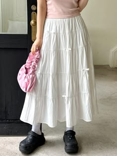 White Casual Collar  Fabric Plain Layered/Tiered Embellished Slight Stretch  Women Clothing Ruffle White Skirt Outfit, White Skirts Outfits, Ruffle Skirt Outfit, White Skirt Summer, Textured Skirt, Cute Modest Outfits, Flowy Skirt, Casual Skirt, Summer Skirts