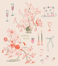 a drawing of flowers in a vase with candles and wine glasses on the table next to it