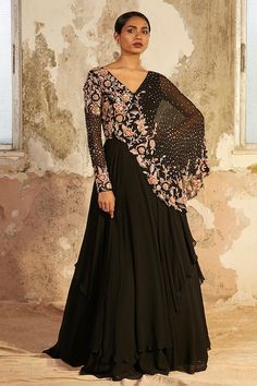 Buy Black Georgette Embellished Floral V Neck Noire Gown For Women by Shloka Khialani Online at Aza Fashions. Black Gown Indian, Hand Embellishment, Haldi Outfit, Georgette Gown, Cape Gown, Indo Western Dress, Cape Style, Black Layers, Desi Clothes