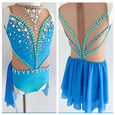 the back of a blue leotard dress with sequins and beads on it