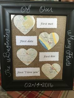 a black frame with some hearts on it and the words first date first kiss first love you