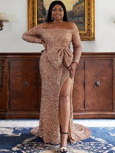 seomiscky Plus Off Shoulder Bow Front Split Thigh Sequin Formal Dress | SHEIN USA Plus Size Formal Dress, Off Shoulder Evening Dress, Sequin Formal Dress, Gold Sequin Dress, Plus Size Formal, Evening Dresses With Sleeves, Plus Size Formal Dresses, Dress Sleeve Styles, Evening Dresses Plus Size