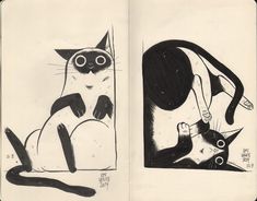 two black and white drawings of cats sitting next to each other