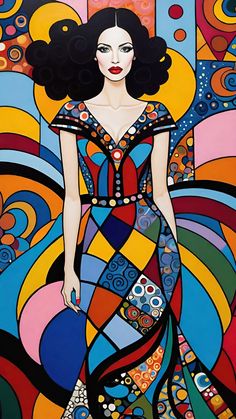 a painting of a woman in a colorful dress with circles around her neck and shoulders