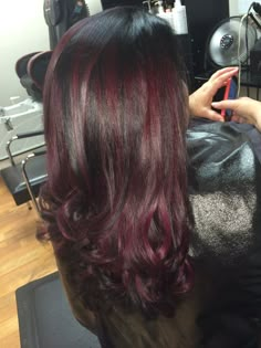 Plum Hair With Black Highlights, Ruby Wine Hair Color Highlights, Black Hair Maroon Highlights, Red Hair W Black Highlights, Black Cherry Highlights Dark Brown, Dark Black Hair With Red Tint, Dark Red Hair With Black Highlights, Cherry Coke Highlights On Dark Hair, Black And Cherry Hair