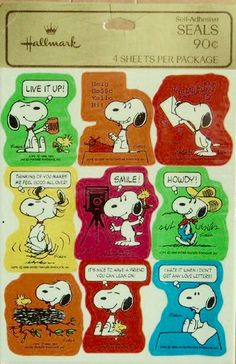 the peanuts stickers are all different colors and sizes, including one with a dog on it