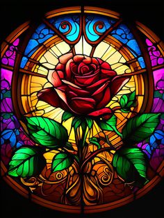 a stained glass window with a rose in it