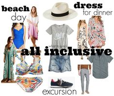 an image of some clothes and hats with the words beach dress for dinner