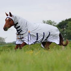 a horse wearing a blanket running in the grass