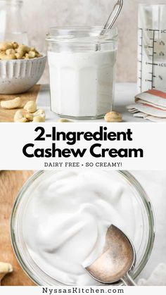 two ingredient cashew cream in a glass jar with a spoon