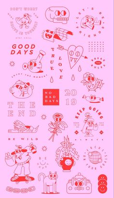 the back cover of an advertisement for good days in red and white, with cartoon characters on