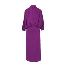 Deep purple dress with deep 'V' neckline and long flared sleeves. Dry clean only. Composition: 60% POLYESTER 40% VISCOSE Purple Long Sleeve Midi Dress For Evening, Long Sleeve Maxi Dress With Draped Sleeves For Work, Purple Long Sleeve Dinner Dress, Purple V-neck Midi Dress For Formal Occasions, Long Sleeve Midi Dress With Draped Sleeves For Dinner, Purple Long Sleeve Maxi Dress For Formal Occasions, Formal Midi Dress With Bell Sleeves For Fall, Formal Fall Midi Dress With Bell Sleeves, Formal Purple Long Sleeve Maxi Dress