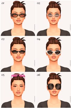 six different types of glasses for women with short hair and sunglasses on their head, all in