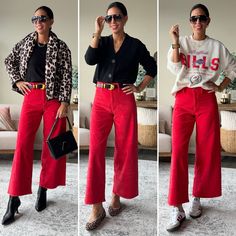 Wide Leg Red Pants Outfit, Red Pant Outfit, Red Courdory Pants Outfits, Red Palazzo Pants Outfit, Red Slacks Outfit, What To Wear With Red Pants, Red Pants Outfit Winter