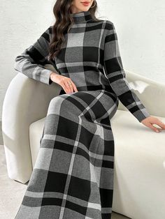 Women's Plaid High Neck Long Sleeve Maxi Casual Sweater Dress, Autumn/Winter Multicolor Casual  Long Sleeve Knitted Fabric Plaid  Medium Stretch  Women Clothing, size features are:Bust: ,Length: ,Sleeve Length: Plaid Long Sleeve Winter Sweater, Winter Plaid Knit Sweater, Gray Long-sleeved Knitted Sweater Dress, Fitted Long Sleeve Plaid Sweater, Fitted Plaid Long Sleeve Sweater, Gray Knitted Sweater Dress For Winter, Knitted Long Sleeve Winter Dress, Winter Gray Knitted Sweater Dress, Cozy Long Sleeve Winter Dresses