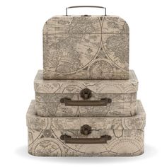 three suitcases stacked on top of each other in front of a white background with an old world map