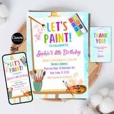 Editable Editable Art Birthday Party Paint Party Invitation Template Pastel Rainbow Watercolor Paint Theme Digital Invite Kids birthday invite Instant Download. This is Editable Template for self-editing by customers.  (Kids birthday idea, birthday party, Instant Download, Digital invite) You will get: 📩 3 pdf files with a hyperlink to edit your invitations. (size: 5x7inch (Invitation for print), 1170x2532px (mobile version of invitation), 3x5in (Thank you card)) ✨INSTRUCTIONS✨ Step 1: Create C Painted Invitations, Painting Birthday Party, Paint Themes, Art Invitation, Art Birthday Party, Art Birthday, Birthday Invitations Kids, Art Party, Party Invite Template